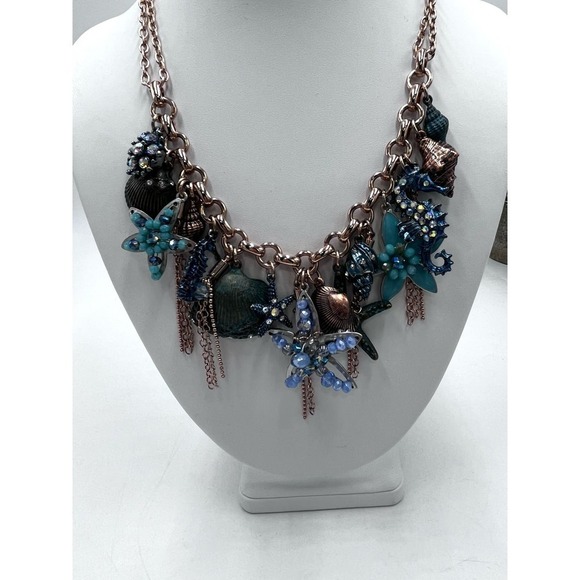 Copper Blue Beach Seashell Starfish Dangle Charms Bib Necklace - Picture 1 of 14